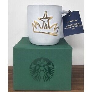 Starbucks Anniversary White Gold Crown Siren Ceramic Handle Mug 14oz 2016 NIB